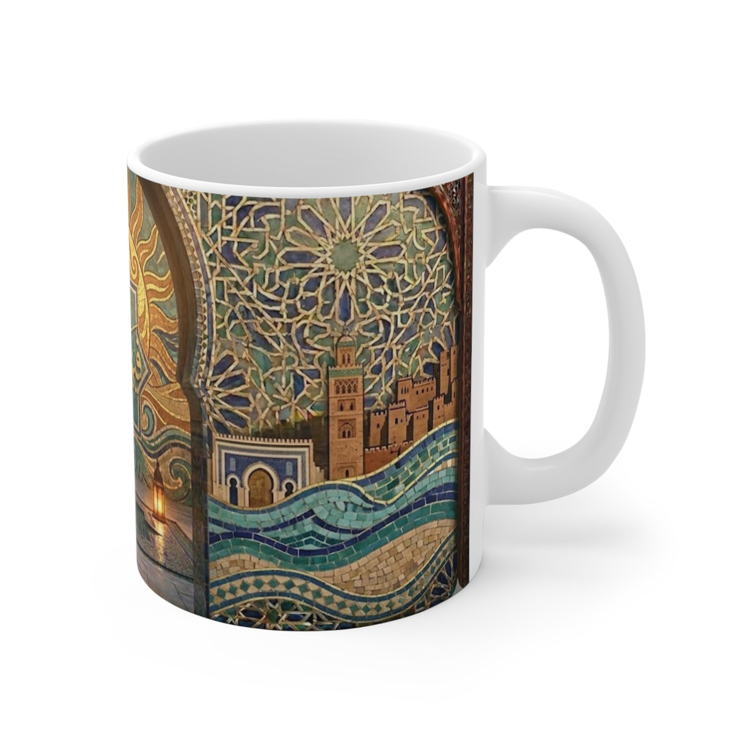 Le soleil dans ta main — Mug Céramique Sun & Oasis, Calligraphie Arabe 'Fiha Khayr'