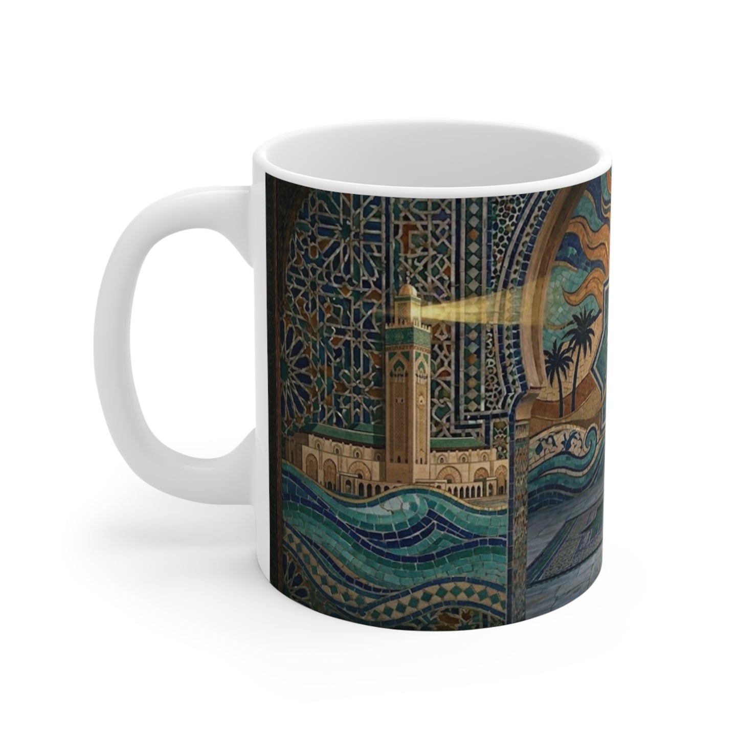 Le soleil dans ta main — Mug Céramique Sun & Oasis, Calligraphie Arabe 'Fiha Khayr'