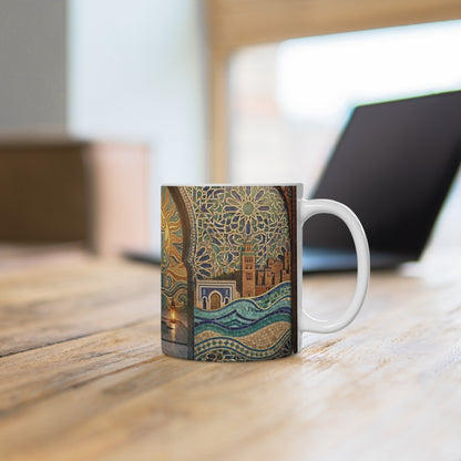 Le soleil dans ta main — Mug Céramique Sun & Oasis, Calligraphie Arabe 'Fiha Khayr'