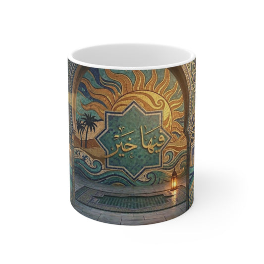 Le soleil dans ta main — Mug Céramique Sun & Oasis, Calligraphie Arabe 'Fiha Khayr'