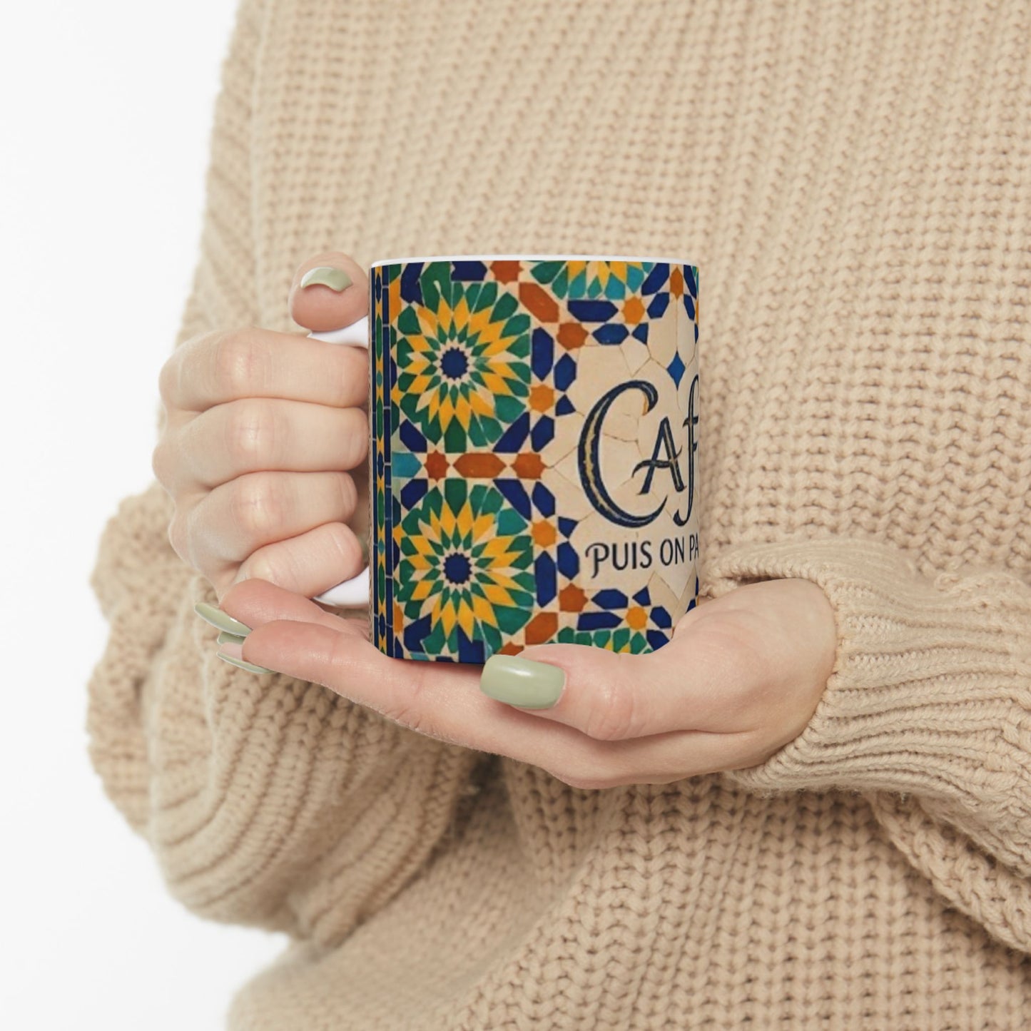 Mug "Café, Puis On Parle" – Design Zellij | Céramique Premium 11oz