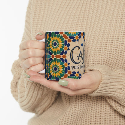 Mug "Café, Puis On Parle" – Design Zellij | Céramique Premium 11oz